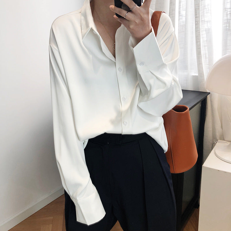 Spring and Autumn design sense niche light and mature solid color drape satin top