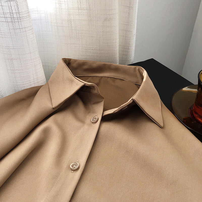 Spring and Autumn design sense niche light and mature solid color drape satin top