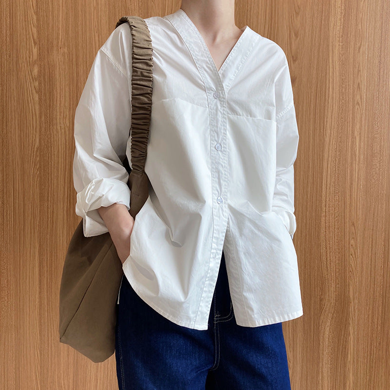 French simple long-sleeved V-neck shirt women's autumn new design niche lazy style shirt
