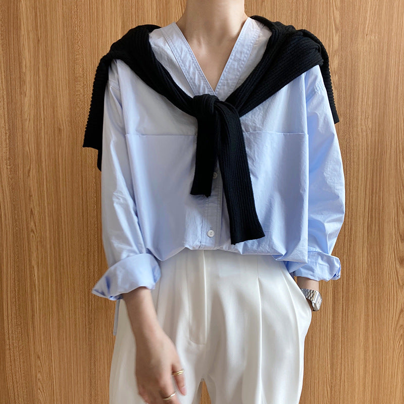 French simple long-sleeved V-neck shirt women's autumn new design niche lazy style shirt