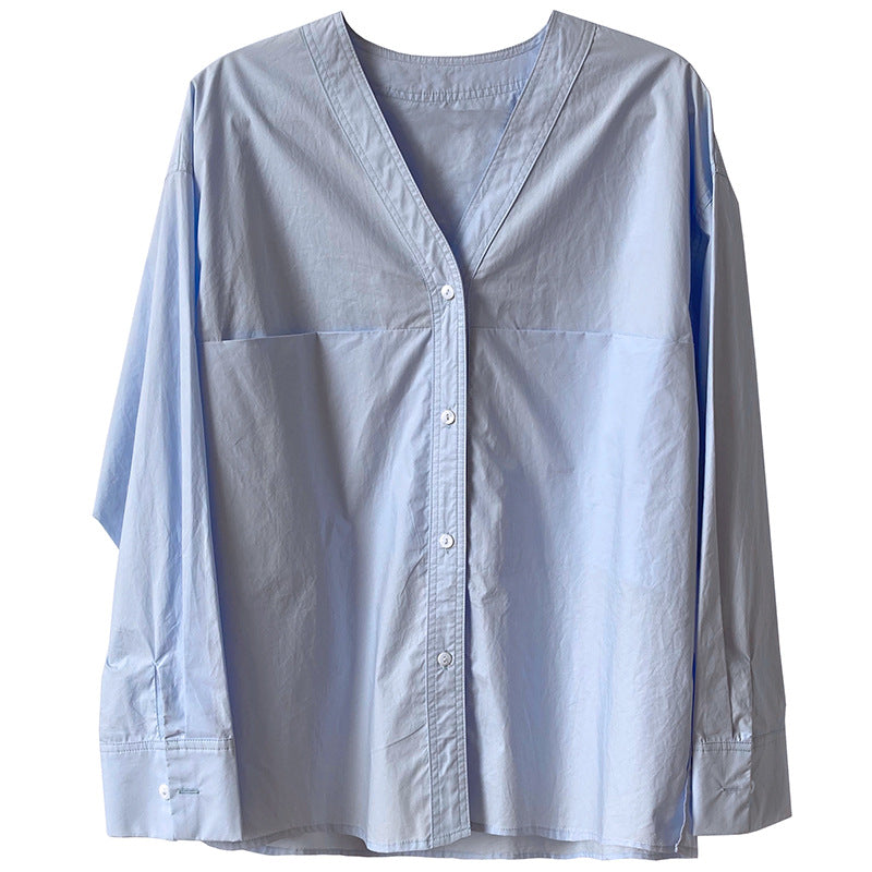 French simple long-sleeved V-neck shirt women's autumn new design niche lazy style shirt