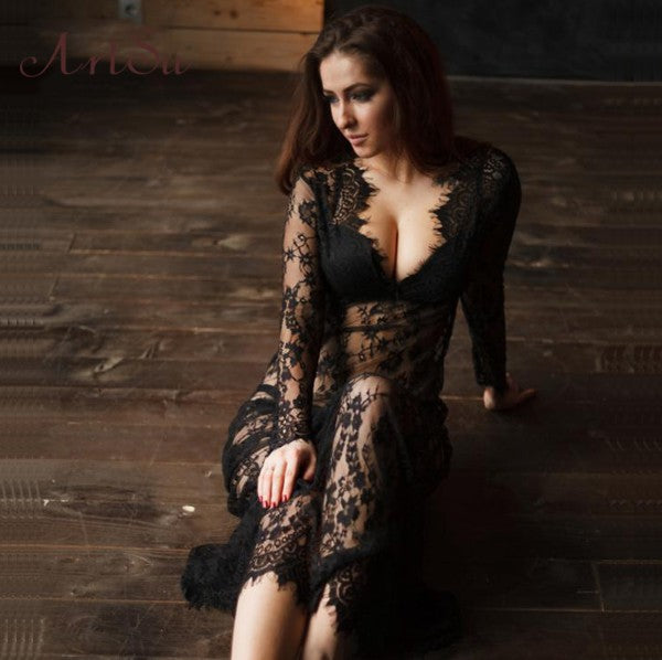 Deep V-Neck Lace Maxi Dress