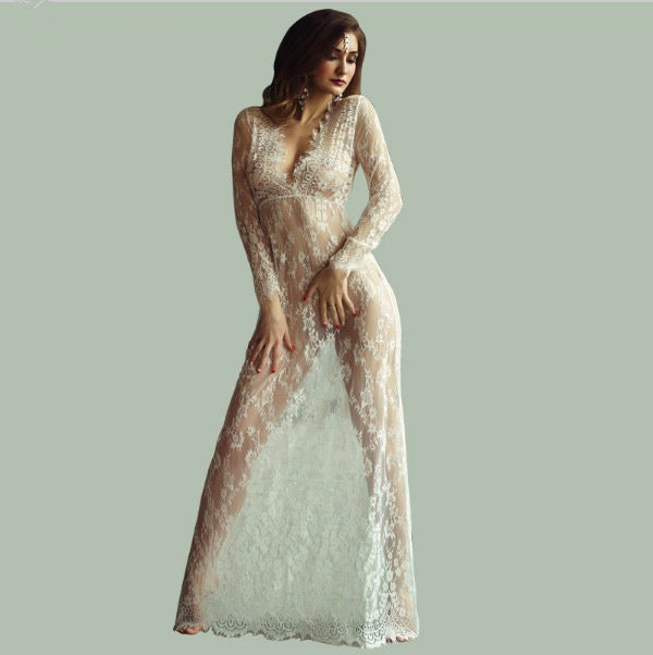 Deep V-Neck Lace Maxi Dress