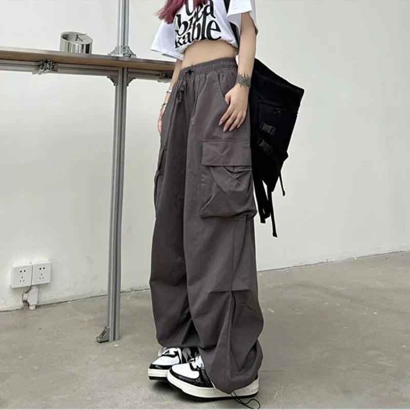 Mid Waist Cargo Pants Wide Leg Regular Fit Ankle Length