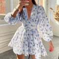 Floral Print A-Line Mini Dress Women High Waist V-Neck Long Sleeve Vintage