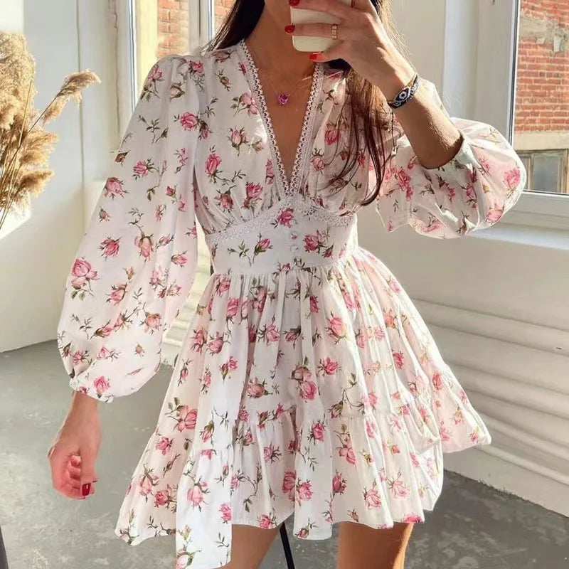 Floral Print A-Line Mini Dress Women High Waist V-Neck Long Sleeve Vintage