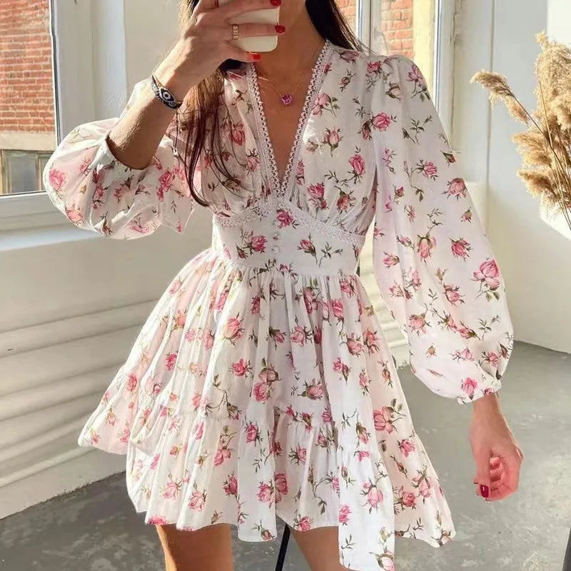 Floral Print A-Line Mini Dress Women High Waist V-Neck Long Sleeve Vintage