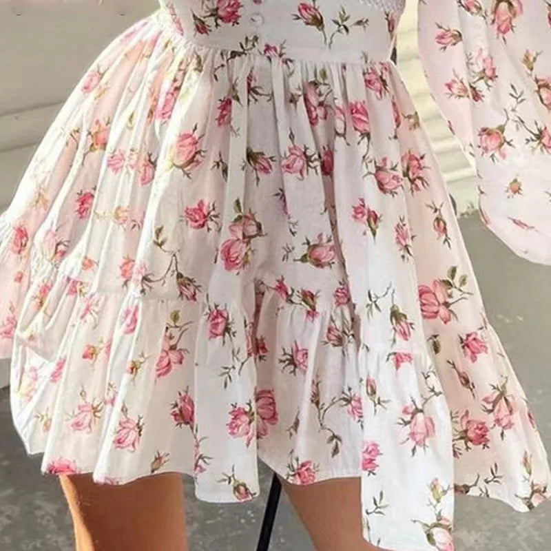 Floral Print A-Line Mini Dress Women High Waist V-Neck Long Sleeve Vintage