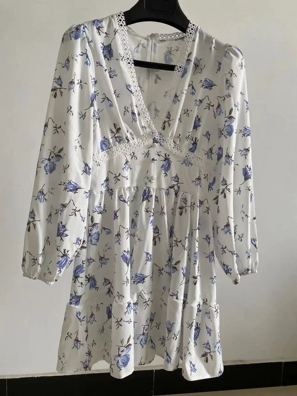 Floral Print A-Line Mini Dress Women High Waist V-Neck Long Sleeve Vintage