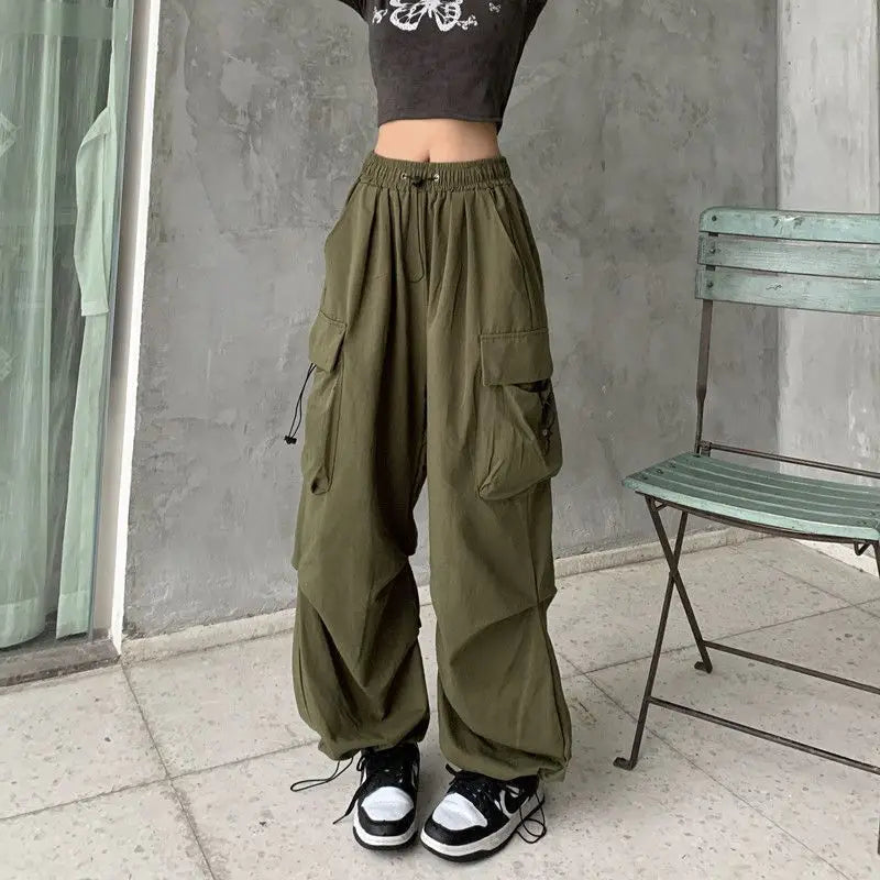Mid Waist Cargo Pants Wide Leg Regular Fit Ankle Length