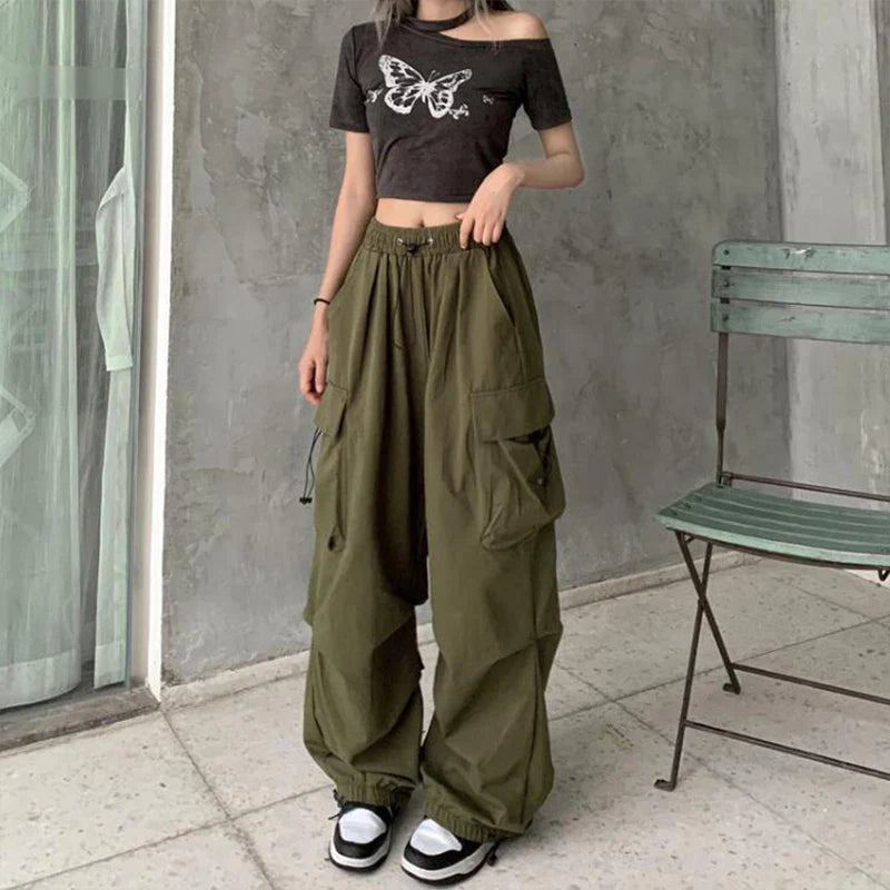 Mid Waist Cargo Pants Wide Leg Regular Fit Ankle Length
