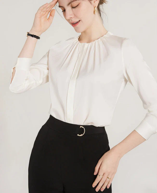 Women's Mulberry Silk Blouse - O-Neck Flutter Sleeve Top