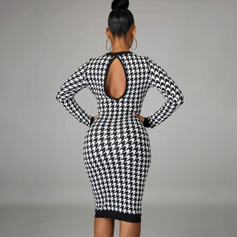 Women Long Sleeve Midi Dress Hollow Out Bodycon Sexy Streetwear