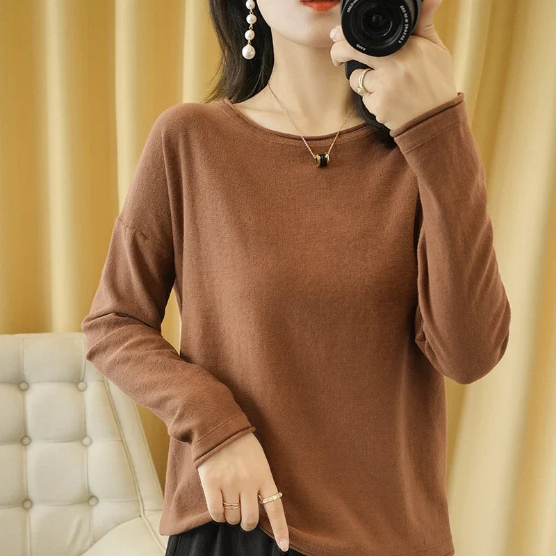 Round Neck Cotton Sweater Long Sleeve Regular Fit Pullover with Crimped Edge