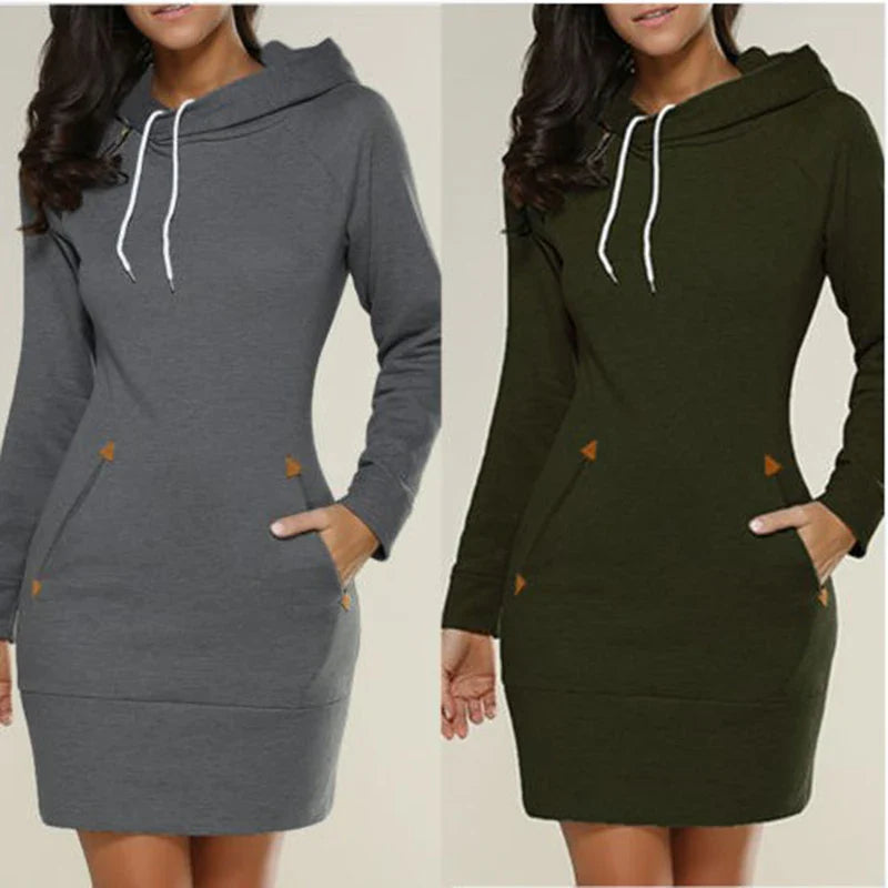 Women‘s Knee-Length Pockets Dress Hooded Warm Sweat Shirt Long Sleeve Side Zip Neckline Simple Casual Sports Skirt