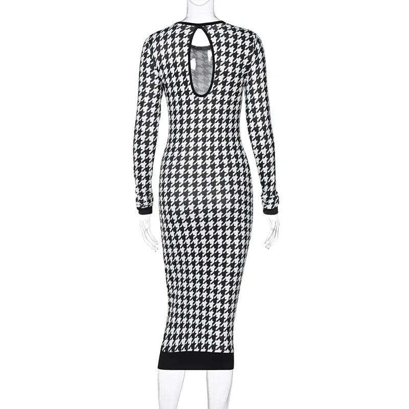 Women Long Sleeve Midi Dress Hollow Out Bodycon Sexy Streetwear