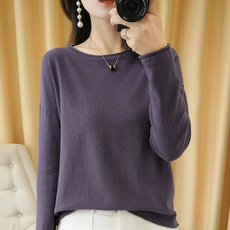 Round Neck Cotton Sweater Long Sleeve Regular Fit Pullover with Crimped Edge
