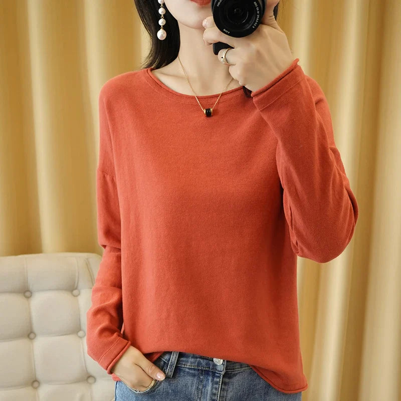 Round Neck Cotton Sweater Long Sleeve Regular Fit Pullover with Crimped Edge
