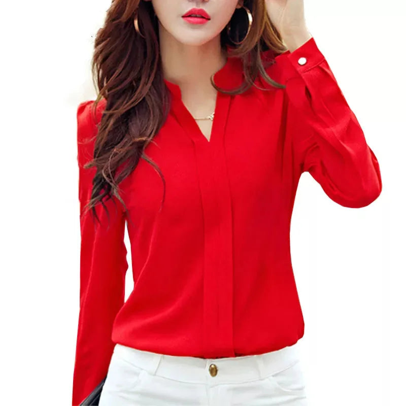 Women's V-Neck Slim Long Sleeve Office Blouse