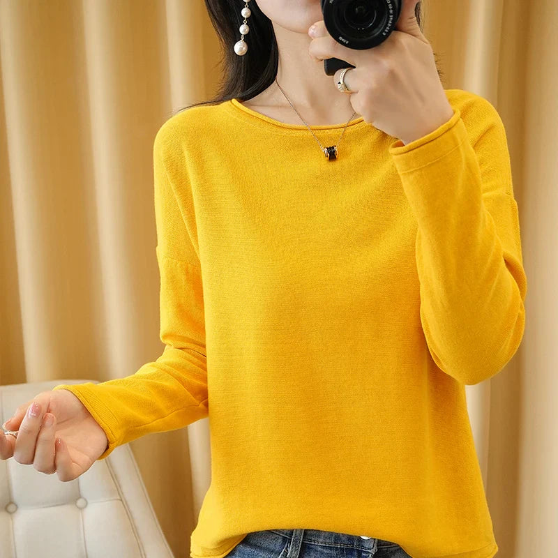 Round Neck Cotton Sweater Long Sleeve Regular Fit Pullover with Crimped Edge
