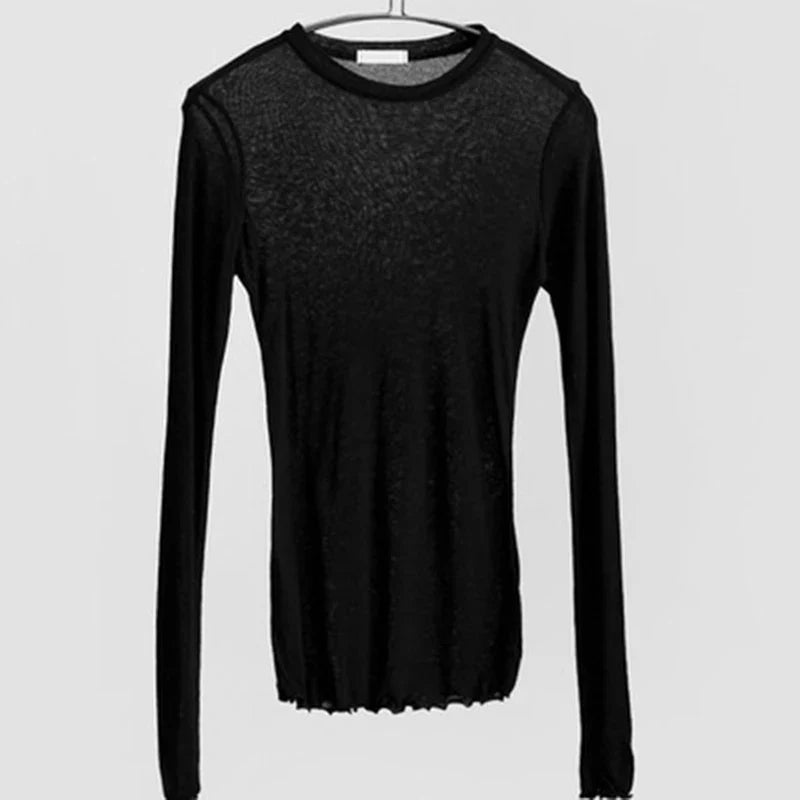 Crew Neck Long Sleeve Slim See-Through Tee