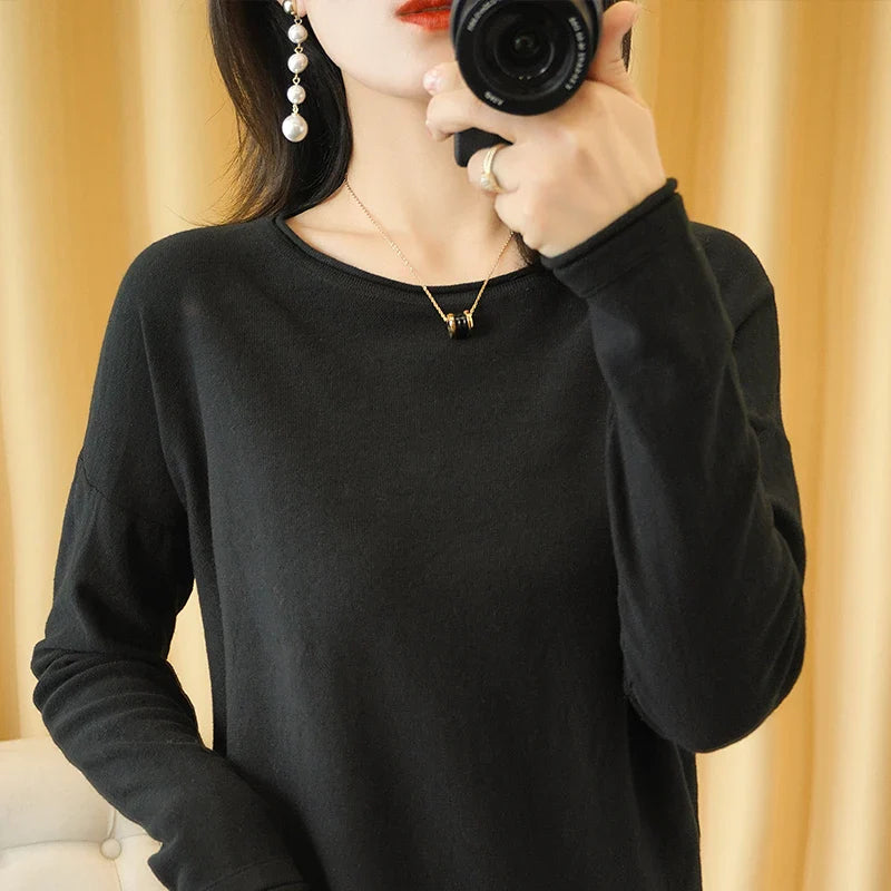Round Neck Cotton Sweater Long Sleeve Regular Fit Pullover with Crimped Edge