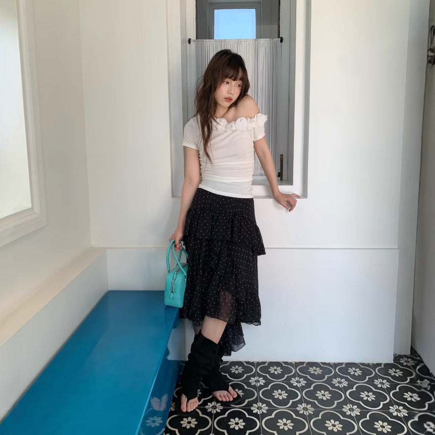 Fashion asymmetric lotus leaf stitching thin polka dot skirt