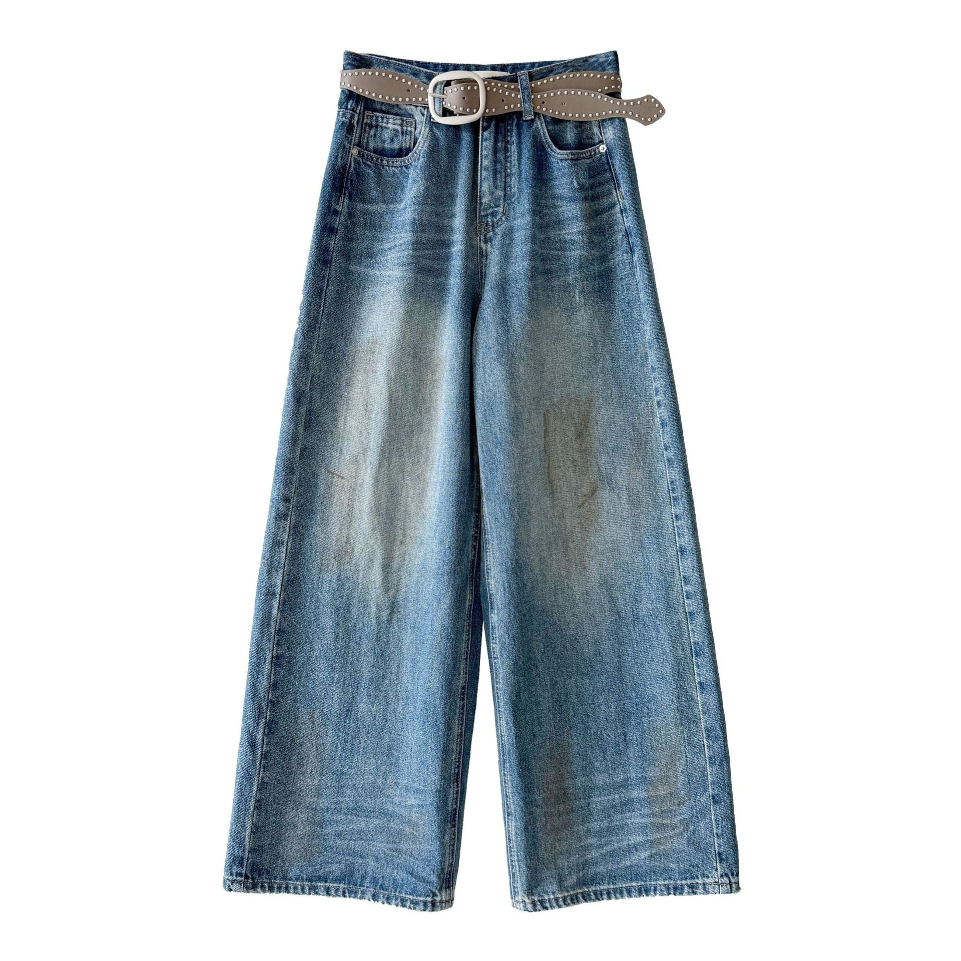 American retro wide-leg washed old jeans with rivet belt