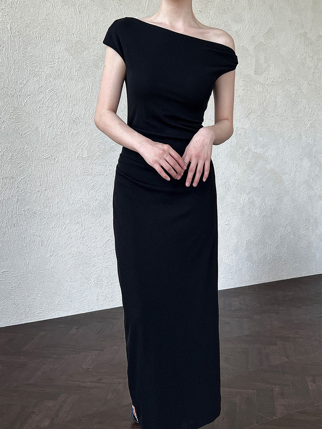 French slanted shoulder irregular waist dress summer off-the-shoulder temperament thin dress