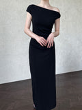 French slanted shoulder irregular waist dress summer off-the-shoulder temperament thin dress