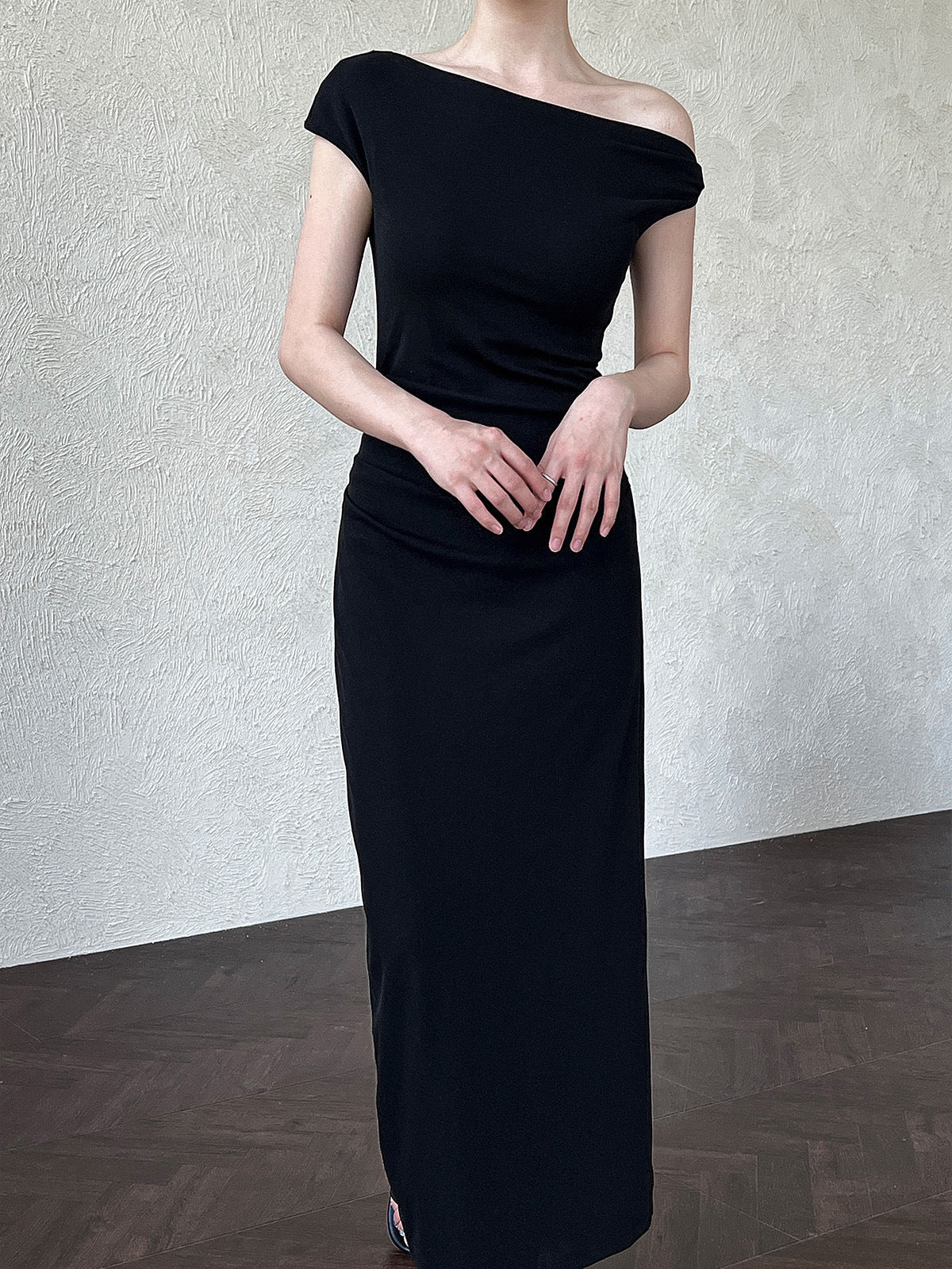 French slanted shoulder irregular waist dress summer off-the-shoulder temperament thin dress