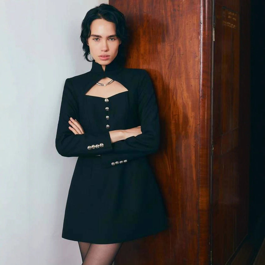 Fashion retro sexy waist small fragrant short skirt slim fit Spice Girl long sleeve dress