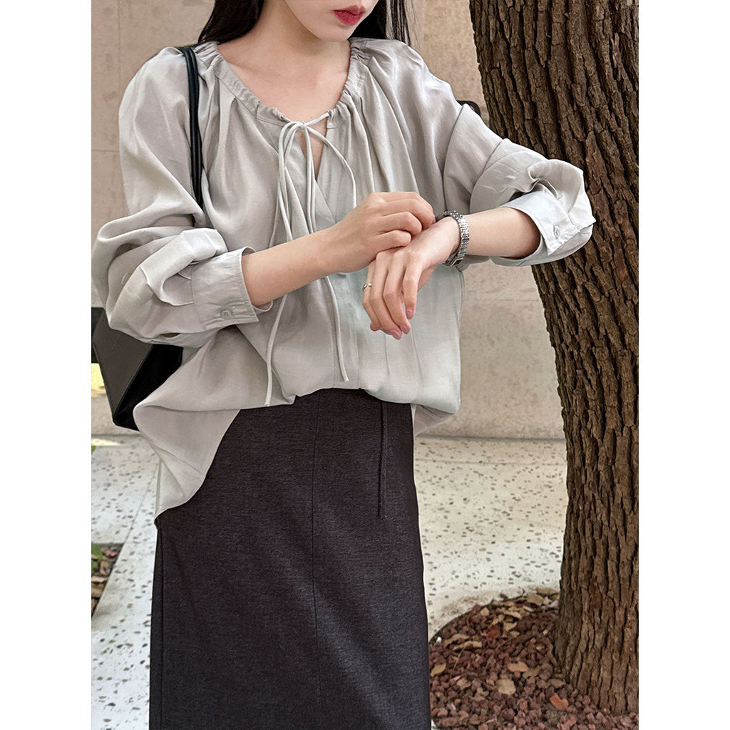 Tencel light and transparent neckline pleated lace-up shirt women's summer new shirt long-sleeved top