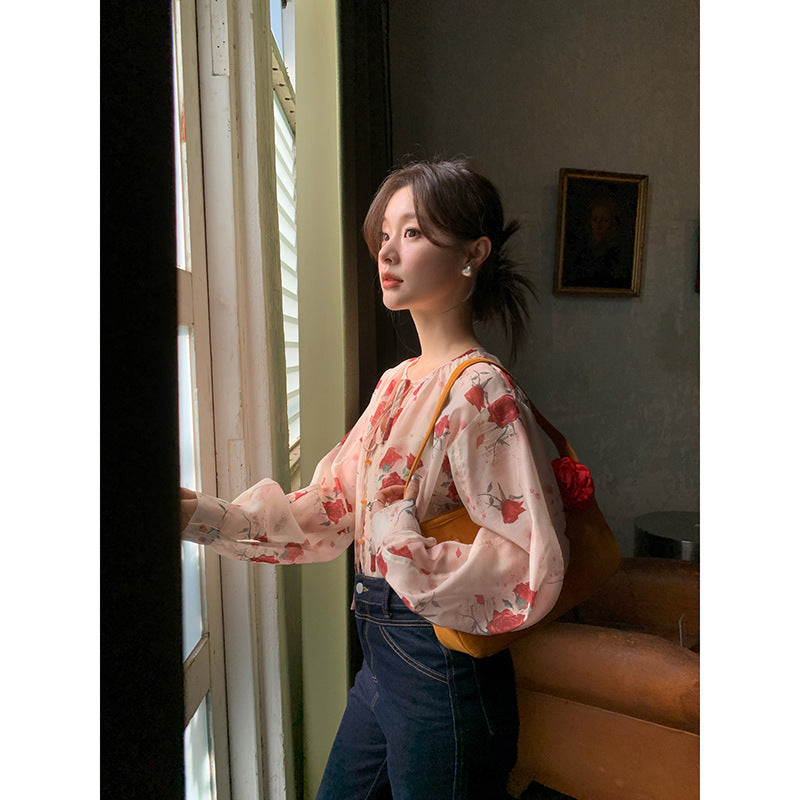 Romantic coffee break beautiful rose print chiffon shirt