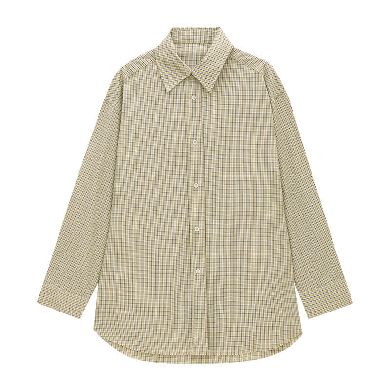 Retro plaid cotton diagonal buckle loose versatile shirt women