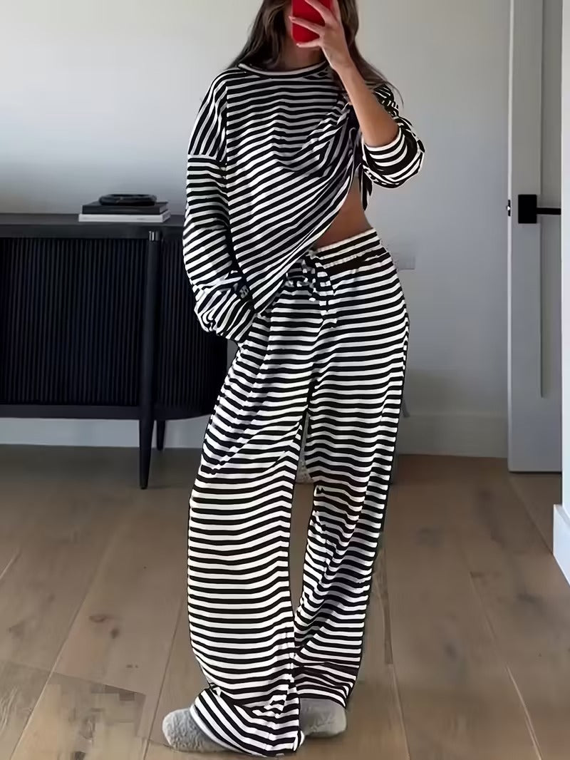 Striped Casual Two-Piece Set Women Long Sleeve Top High Waist Pants