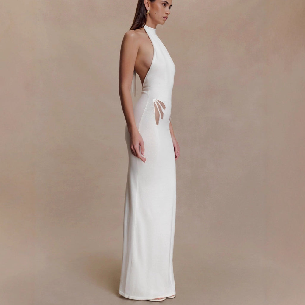 Sexy slim-fit hollowed-out neck-hanging knitted hip-wrapped skirt backless vacation dress