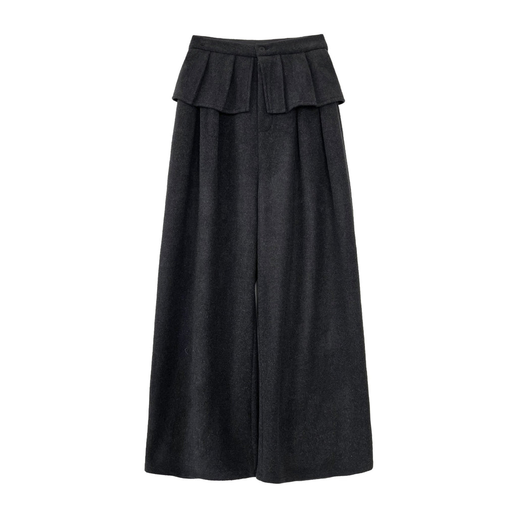 Korean style thickened wool blend wide-leg pants with patchwork detail - women's winter design, warm and casual trousers