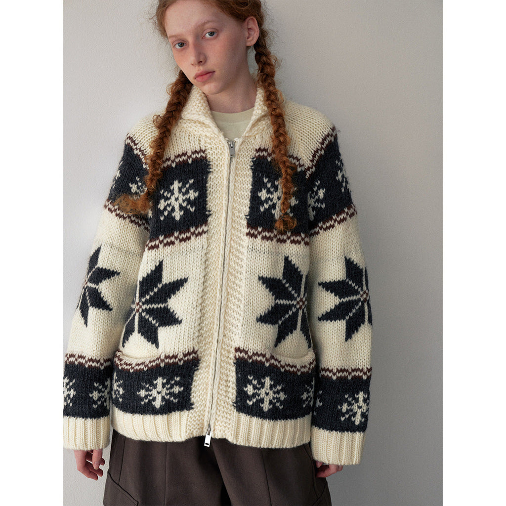 Winter casual lapel Fair Island thick needle all-wool versatile wool cardigan