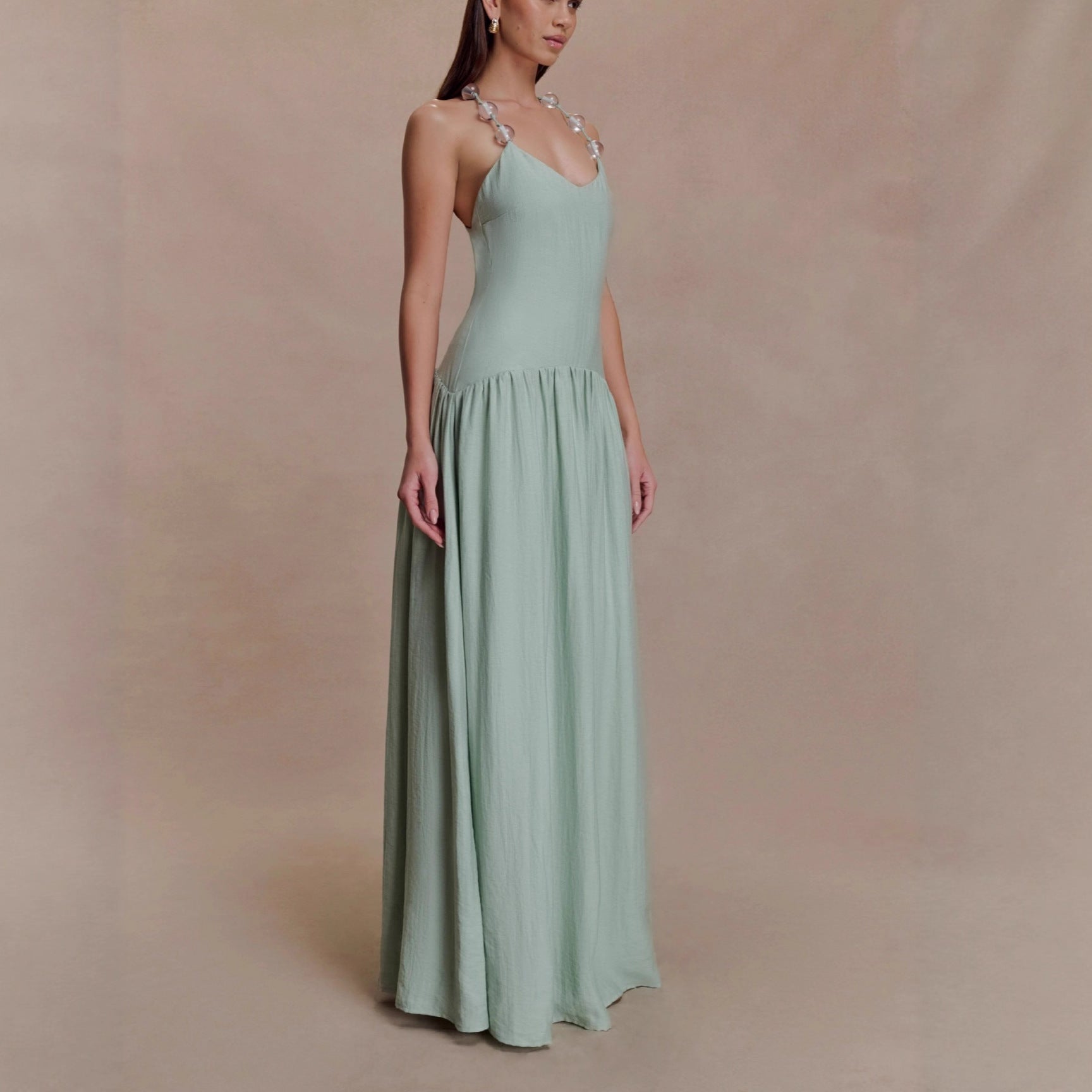 Fashion temperament Elegant V-neck beaded suspender skirt waist backless sexy dress