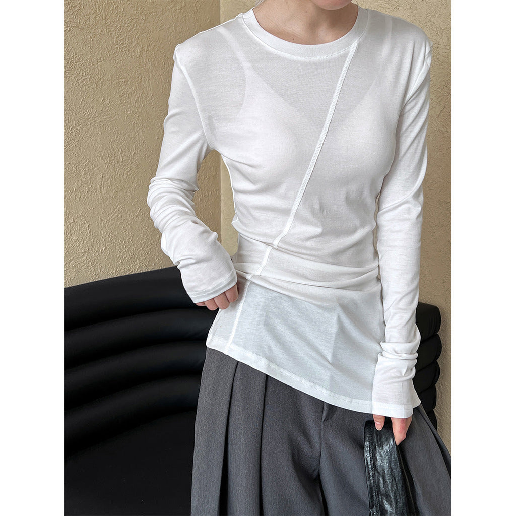 Korean irregular slim-fit T-shirt women's spring new cutting line pile wrinkled bottoming shirt top