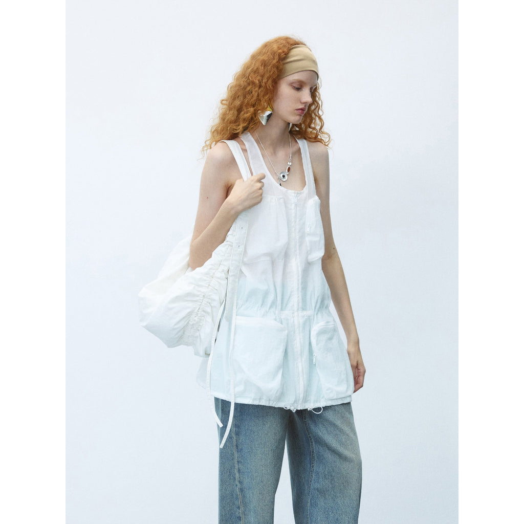 Summer new large U-neck nylon drawstring multi-pocket tooling vest