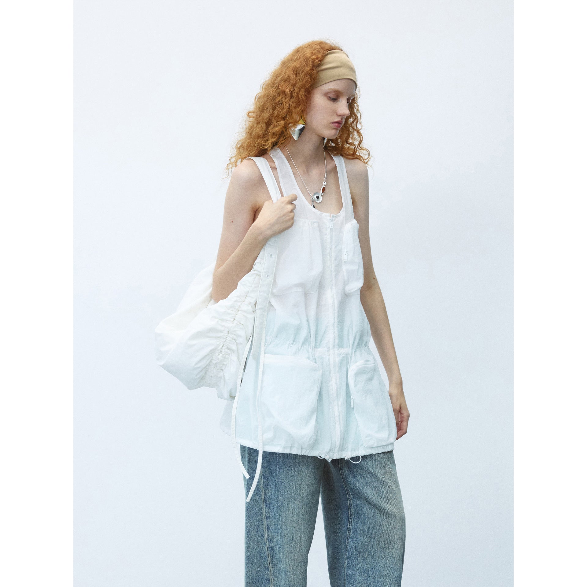 Summer new large U-neck nylon drawstring multi-pocket tooling vest