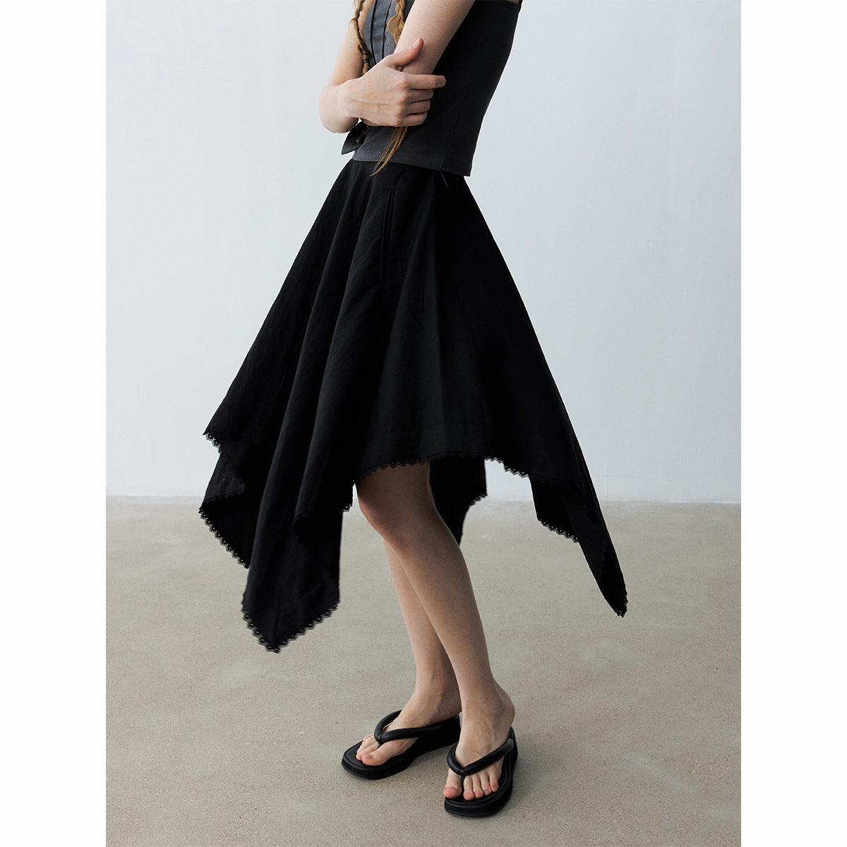 Summer new casual high-waisted Tencel irregular square lace edge medium-length skirt