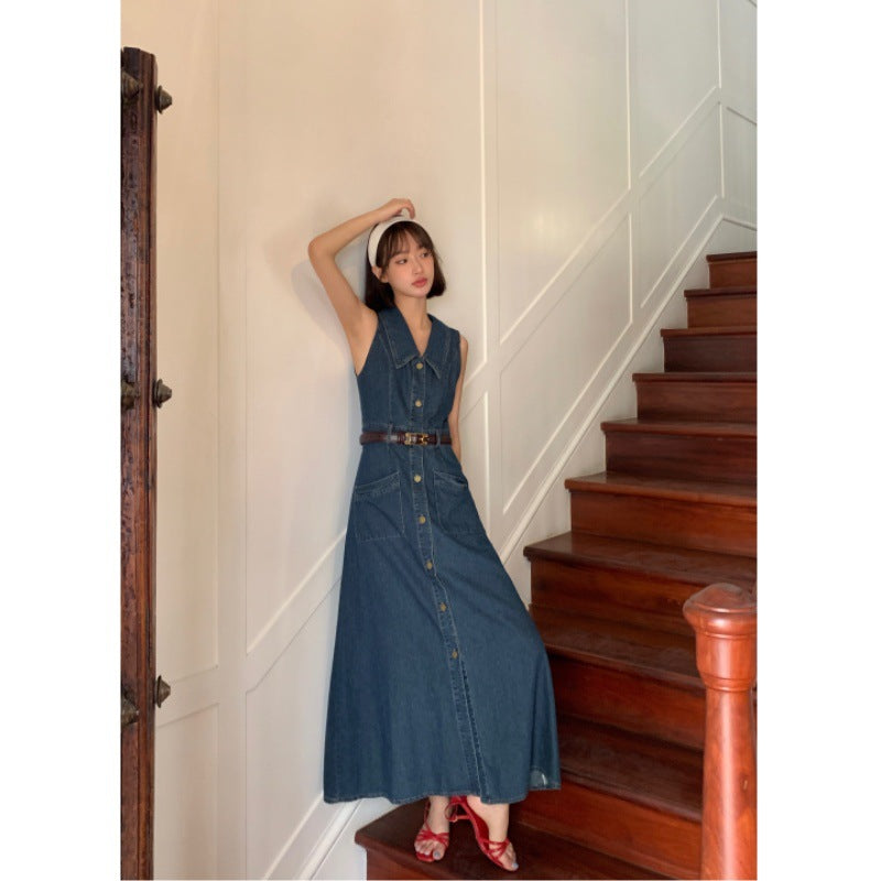 Summer French Retro Lapel Sleeveless Dress