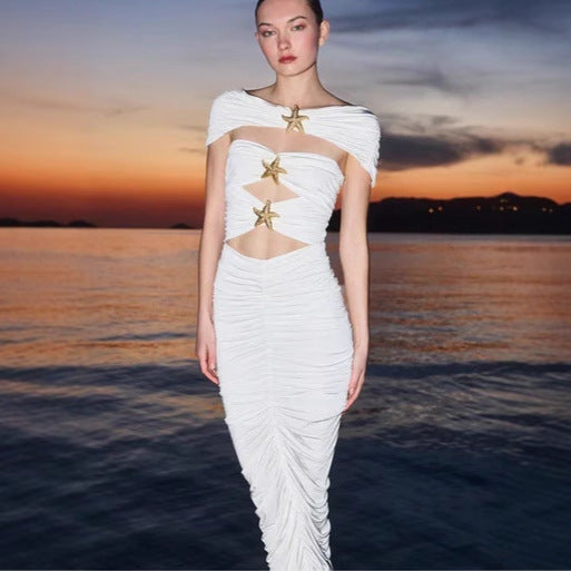 Women's new fashion hollow design sense one-word shoulder dress sexy slim hip skirt