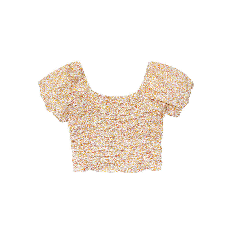 French Floral Pleated Bubble Sleeve Top