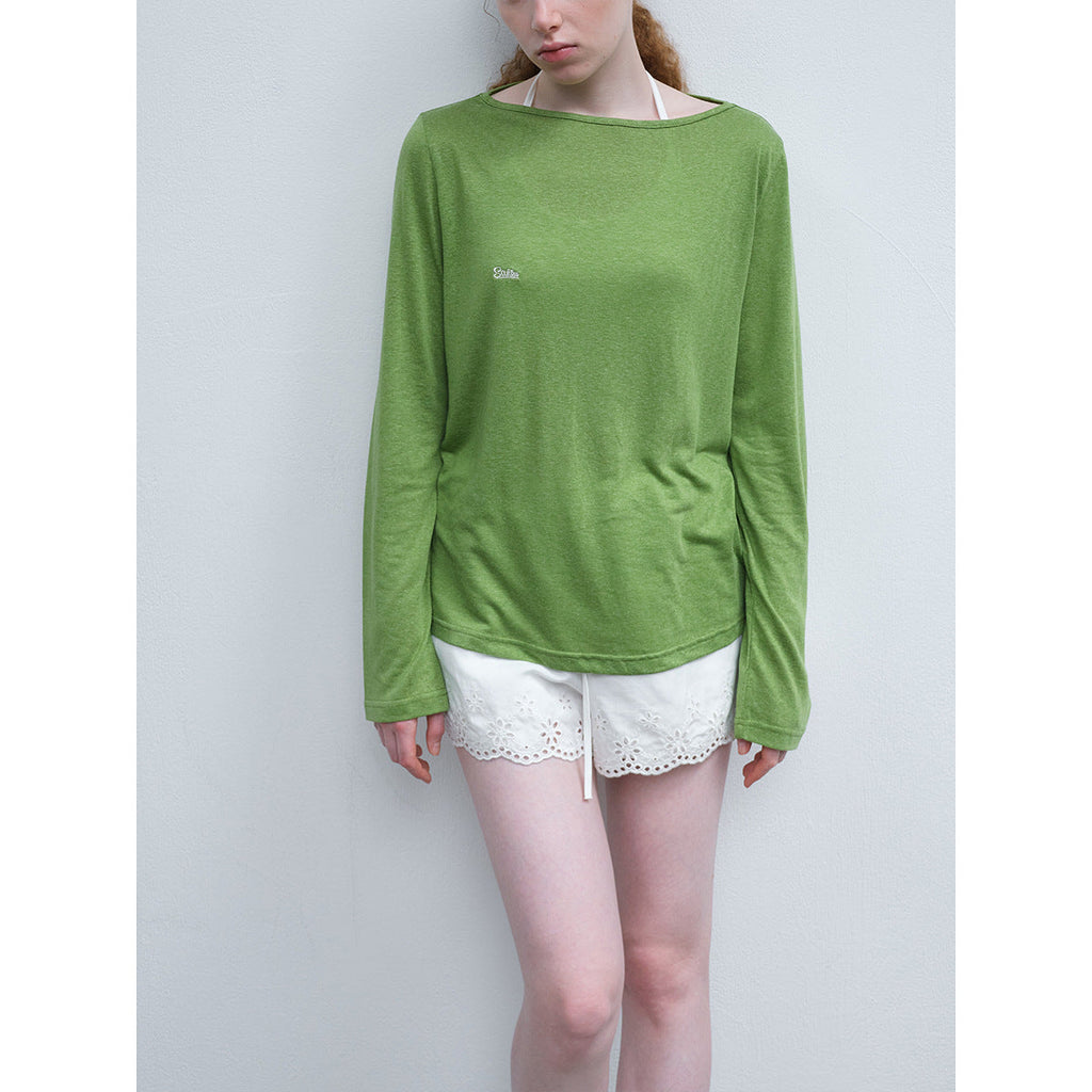 Spring New Casual Tencel Hemp Embroidery Solid Color Versatile Boat Collar Thin Transparent Long Sleeve T-Shirt