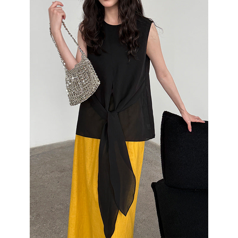 French high-end kinked strap waist short-sleeved top summer new versatile and thin shirt
