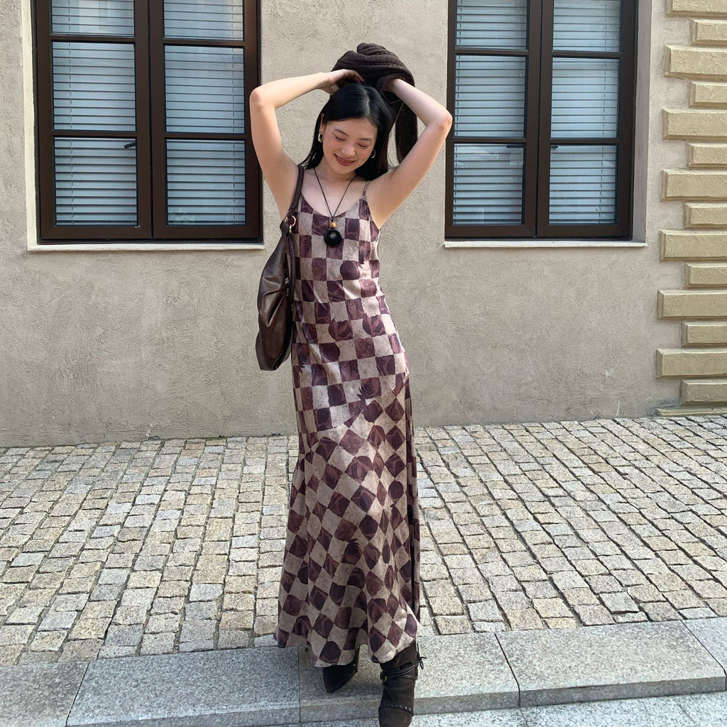 Skinny temperament checkerboard long suspender dress